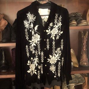 Johnny Was velvet embroidered button down